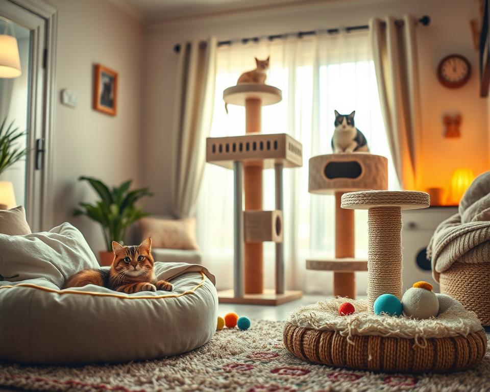 A cozy cat house interior scene featuring various comfort accessories for felines. In the foreground, a plush cat bed with soft cushions and a warm blanket, inviting and luxurious. Next to it, a stylish scratching post wrapped in natural sisal, surrounded by a few colorful cat toys. In the middle, a raised platform with a small, plush cat tree, offering a perfect lookout point for curious cats. The background shows soft, ambient lighting filtering through a window draped with light curtains, creating a warm and tranquil atmosphere. The walls are painted in soothing pastel colors, adorned with tasteful cat-themed décor. The overall mood is serene and inviting, emphasizing a perfect haven for cats.