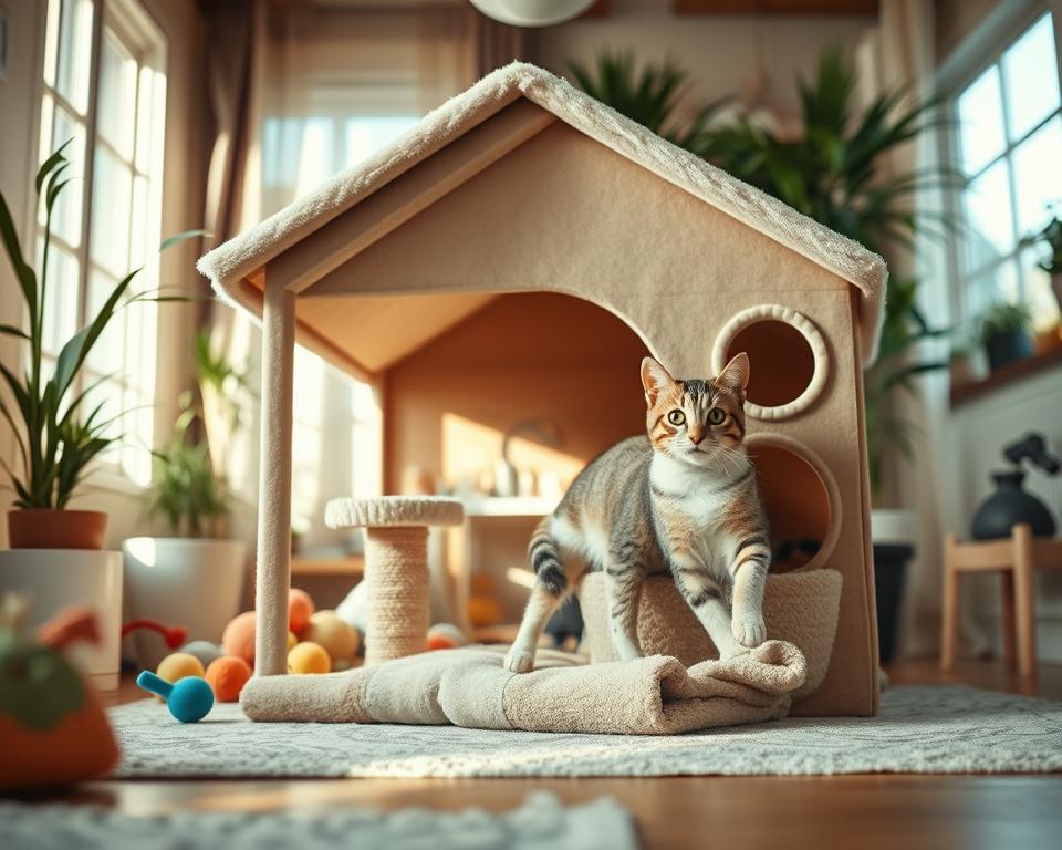 A cozy cat house showcasing essential features for quality feline habitats. In the foreground, a charming cat house with a soft, plush interior, round windows for playful exploration, and a sturdy, weather-resistant exterior is featured. The middle ground includes various toys, a small scratching post, and a comfy fleece blanket subtly draped across the entrance. In the background, a sunlit room with cat-friendly plants and a warm ambiance creates a serene atmosphere, emphasizing relaxation and safety. Soft, natural lighting filters through a window, casting gentle shadows, while the image is captured at eye level to create an inviting, homey feeling. The overall mood reflects comfort and happiness, designed to appeal to cat lovers looking for the perfect haven for their pets. A cozy cat house showcasing essential features for quality feline habitats. In the foreground, a charming cat house with a soft, plush interior, round windows for playful exploration, and a sturdy, weather-resistant exterior is featured. The middle ground includes various toys, a small scratching post, and a comfy fleece blanket subtly draped across the entrance. In the background, a sunlit room with cat-friendly plants and a warm ambiance creates a serene atmosphere, emphasizing relaxation and safety. Soft, natural lighting filters through a window, casting gentle shadows, while the image is captured at eye level to create an inviting, homey feeling. The overall mood reflects comfort and happiness, designed to appeal to cat lovers looking for the perfect haven for their pets.