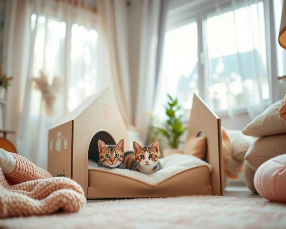 A cozy cat retreat designed for privacy and comfort, featuring a soft, plush cat bed surrounded by warm, inviting blankets and pillows. In the foreground, a shy tabby cat peeks out from a small, arched entrance of a cardboard house decorated with playful motifs. The middle space is filled with natural elements like potted plants and a gentle, pastel-colored rug, adding to the serene atmosphere. In the background, soft, dappled light filters through a window, casting gentle shadows. The scene evokes a peaceful, safe haven for the cat, creating a feeling of warmth and tranquility, perfect for relaxation. The image should have a soft focus to enhance the cozy mood, mimicking a shallow depth of field. A cozy cat retreat designed for privacy and comfort, featuring a soft, plush cat bed surrounded by warm, inviting blankets and pillows. In the foreground, a shy tabby cat peeks out from a small, arched entrance of a cardboard house decorated with playful motifs. The middle space is filled with natural elements like potted plants and a gentle, pastel-colored rug, adding to the serene atmosphere. In the background, soft, dappled light filters through a window, casting gentle shadows. The scene evokes a peaceful, safe haven for the cat, creating a feeling of warmth and tranquility, perfect for relaxation. The image should have a soft focus to enhance the cozy mood, mimicking a shallow depth of field.