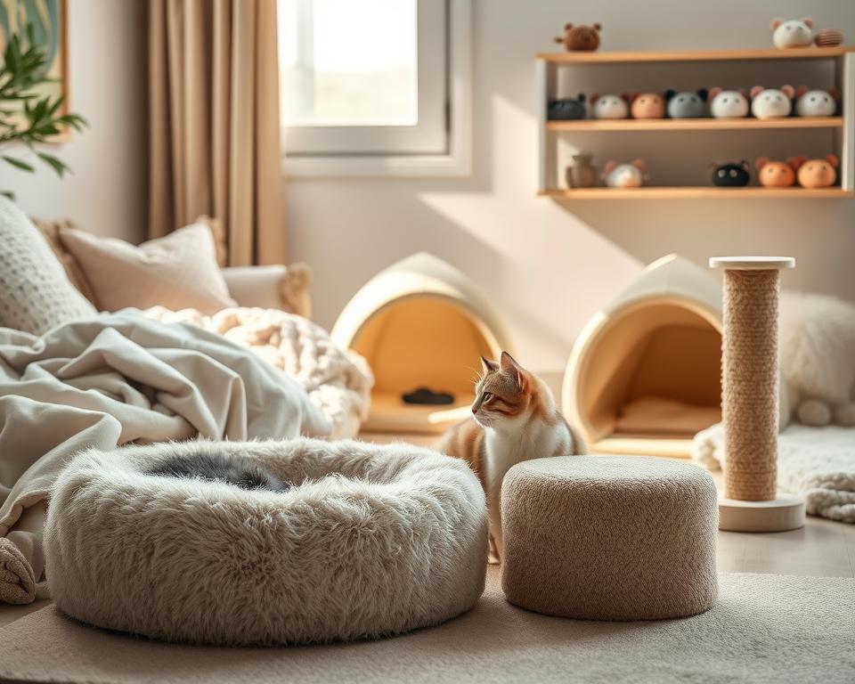 A cozy cat scene featuring a variety of comfort accessories for feline relaxation. In the foreground, a plush cat bed in soft pastel colors, surrounded by cozy blankets and a few decorative cushions. A soft, round scratching post in a neutral tone adds texture. In the middle, a calming light filters through a window, casting gentle shadows on the floor. A small, stylish cat tent sits next to the bed, inviting exploration. In the background, a shelf displays an array of toy mice and catnip-filled cushions. The atmosphere is serene and inviting, designed to evoke a sense of comfort and warmth for cats. The lighting is soft and natural, emphasizing the tranquil mood of the space, ideal for a peaceful cat retreat. A cozy cat scene featuring a variety of comfort accessories for feline relaxation. In the foreground, a plush cat bed in soft pastel colors, surrounded by cozy blankets and a few decorative cushions. A soft, round scratching post in a neutral tone adds texture. In the middle, a calming light filters through a window, casting gentle shadows on the floor. A small, stylish cat tent sits next to the bed, inviting exploration. In the background, a shelf displays an array of toy mice and catnip-filled cushions. The atmosphere is serene and inviting, designed to evoke a sense of comfort and warmth for cats. The lighting is soft and natural, emphasizing the tranquil mood of the space, ideal for a peaceful cat retreat.