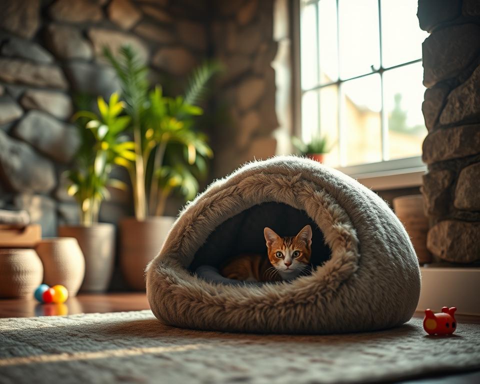 A cozy cave cat bed nestled in a warm, inviting environment. The foreground features a plush, rounded cat bed with soft, faux fur lining, creating a sense of warmth and security. Its entrance is slightly open, inviting a curious cat to peek out. In the middle ground, a serene indoor setting showcases gentle light filtering in from an adjacent window, casting a soft, golden glow on a nearby houseplant and some colorful cat toys scattered around. The background shows a textured stone wall that enhances the cave-like feel. The overall mood is tranquil and comforting, emphasizing a perfect retreat for a pet cat. Use a shallow depth of field to focus on the bed, giving it prominence, while softening the background elements. A cozy cave cat bed nestled in a warm, inviting environment. The foreground features a plush, rounded cat bed with soft, faux fur lining, creating a sense of warmth and security. Its entrance is slightly open, inviting a curious cat to peek out. In the middle ground, a serene indoor setting showcases gentle light filtering in from an adjacent window, casting a soft, golden glow on a nearby houseplant and some colorful cat toys scattered around. The background shows a textured stone wall that enhances the cave-like feel. The overall mood is tranquil and comforting, emphasizing a perfect retreat for a pet cat. Use a shallow depth of field to focus on the bed, giving it prominence, while softening the background elements.