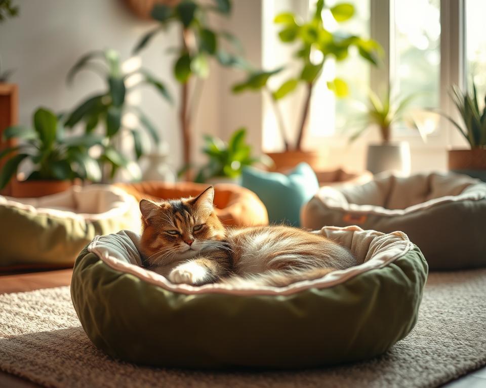 A cozy, eco-friendly cat bed prominently placed in the foreground, made of sustainable materials like organic cotton and recycled fibers. The bed is shaped like a soft, natural nest with gentle curves and earthy tones of green and brown. A fluffy cat is comfortably curled up inside, showcasing its serene demeanor. In the middle ground, several other eco-friendly cat beds are arranged, varying in shapes and materials, all highlighting sustainability with tags made from recycled paper. The background features sunlight streaming through a window, casting warm, inviting light, with indoor plants softly blurred, enhancing the nature-inspired atmosphere. The mood is peaceful and environmentally conscious, emphasizing comfort and style for pet lovers. The angle is slightly elevated, giving a clear view of the beds and their lush surroundings.