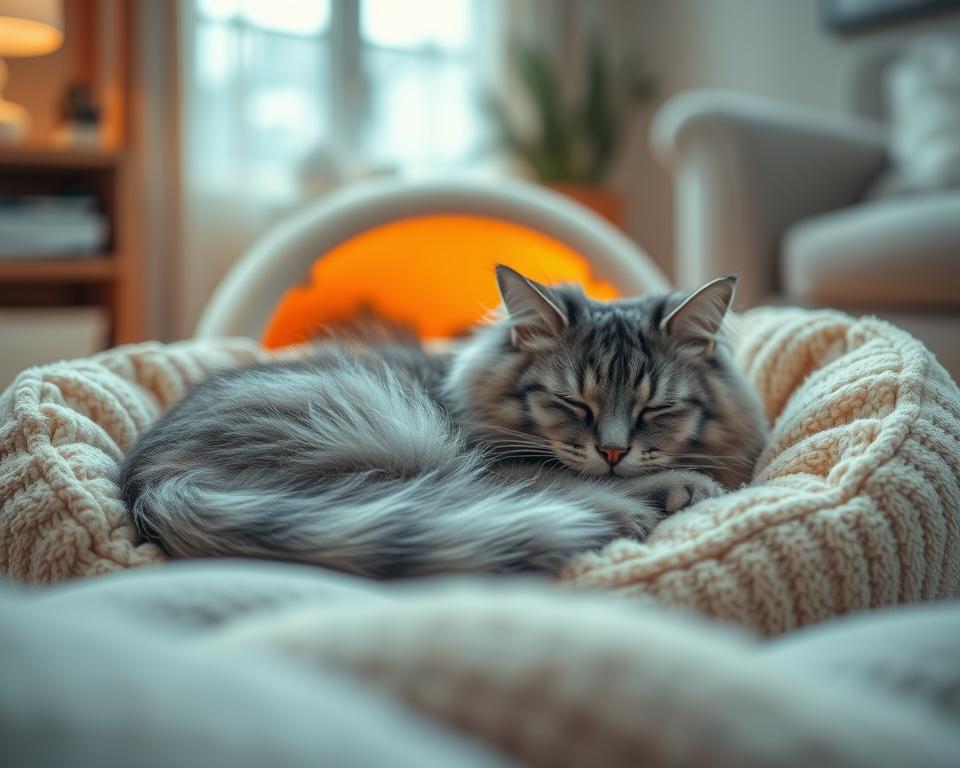 A cozy heated bed designed for senior cats, featuring plush fabric and soft cushioning for maximum comfort. In the foreground, a fluffy elderly cat, with gray fur and gentle eyes, is comfortably curled up, sleeping peacefully on the bed. The middle layer showcases the warm, curved shape of the heated bed, detailed with a subtle glow to indicate warmth. In the background, a serene home setting is depicted, with soft natural lighting filtering through a nearby window, casting a calm ambiance. Use a shallow depth of field to focus on the cat and heated bed while softly blurring the background, enhancing the atmosphere of comfort and tranquility. The overall mood is warm, inviting, and peaceful. A cozy heated bed designed for senior cats, featuring plush fabric and soft cushioning for maximum comfort. In the foreground, a fluffy elderly cat, with gray fur and gentle eyes, is comfortably curled up, sleeping peacefully on the bed. The middle layer showcases the warm, curved shape of the heated bed, detailed with a subtle glow to indicate warmth. In the background, a serene home setting is depicted, with soft natural lighting filtering through a nearby window, casting a calm ambiance. Use a shallow depth of field to focus on the cat and heated bed while softly blurring the background, enhancing the atmosphere of comfort and tranquility. The overall mood is warm, inviting, and peaceful.