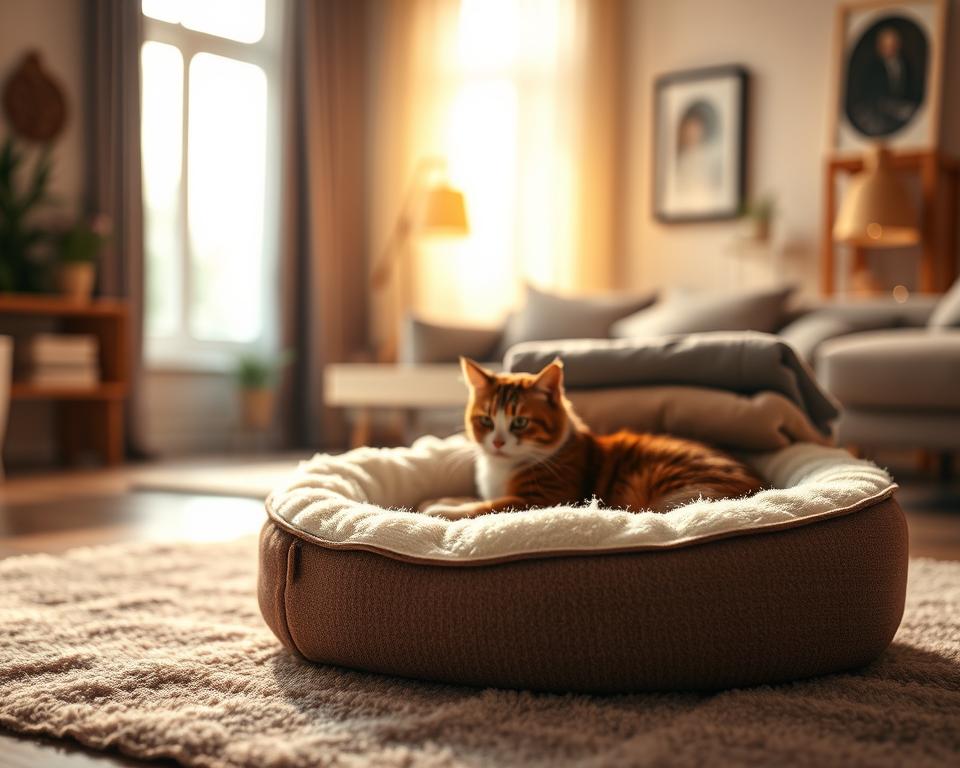 A cozy heated cat bed displayed prominently in the foreground, showcasing soft, plush materials like fleece and memory foam. The middle ground features a variety of fabric swatches in different colors and textures, such as breathable cotton and faux fur, arranged artistically to highlight their comfort and warmth. In the background, a softly lit, inviting room bathed in warm, ambient light creates a serene atmosphere, with gentle shadows adding depth. The scene captures a sense of bliss and relaxation, suggesting the ultimate comfort for a cat. Use a shallow depth of field to focus on the materials, while soft bokeh enhances the cozy vibe of the surroundings. The overall mood is soothing, emphasizing luxurious comfort tailored for feline friends. A cozy heated cat bed displayed prominently in the foreground, showcasing soft, plush materials like fleece and memory foam. The middle ground features a variety of fabric swatches in different colors and textures, such as breathable cotton and faux fur, arranged artistically to highlight their comfort and warmth. In the background, a softly lit, inviting room bathed in warm, ambient light creates a serene atmosphere, with gentle shadows adding depth. The scene captures a sense of bliss and relaxation, suggesting the ultimate comfort for a cat. Use a shallow depth of field to focus on the materials, while soft bokeh enhances the cozy vibe of the surroundings. The overall mood is soothing, emphasizing luxurious comfort tailored for feline friends.