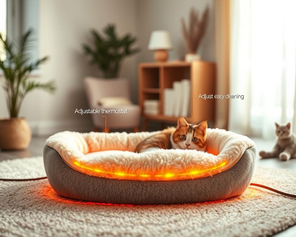 A cozy heated cat bed in a softly lit room, showcasing its key features. In the foreground, focus on a plush cat bed with a heating element, surrounded by a gentle, warm glow. The middle space includes details like plush fabric, an adjustable thermostat, and a removable cover for easy cleaning. In the background, a serene indoor environment with soft, neutral-toned walls and a few cat toys scattered nearby emphasizes comfort. The scene captures a peaceful atmosphere, inviting viewers to imagine their cats lounging comfortably. Soft natural lighting filters through a nearby window, highlighting the texture of the materials. Capture this scene from a slightly elevated angle to provide a comprehensive view of the bed and its features. A cozy heated cat bed in a softly lit room, showcasing its key features. In the foreground, focus on a plush cat bed with a heating element, surrounded by a gentle, warm glow. The middle space includes details like plush fabric, an adjustable thermostat, and a removable cover for easy cleaning. In the background, a serene indoor environment with soft, neutral-toned walls and a few cat toys scattered nearby emphasizes comfort. The scene captures a peaceful atmosphere, inviting viewers to imagine their cats lounging comfortably. Soft natural lighting filters through a nearby window, highlighting the texture of the materials. Capture this scene from a slightly elevated angle to provide a comprehensive view of the bed and its features.