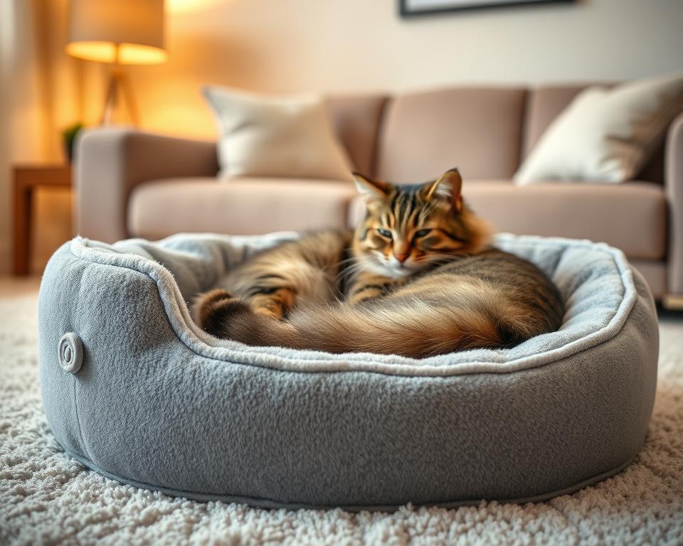 A cozy heated thermal cat bed in a soft grey color, prominently displayed in the foreground, featuring plush fabric, a slightly raised edge, and a warm, inviting look. In the middle ground, a fluffy tabby cat comfortably curled up, showcasing a relaxed expression, the soft bedding appearing to cradle it snugly. The background consists of a softly lit living room, with warm, ambient lighting creating a serene atmosphere; shades of beige and cream enhance the overall warmth of the scene. The lens offers a close-up shot, focusing on the texture of the bed and the cat's fur, inviting viewers to imagine the comfort and warmth it provides. No captions or watermarks.