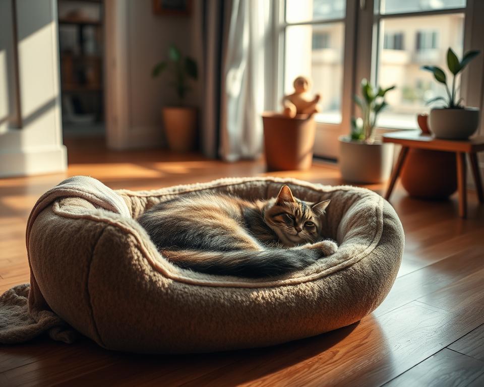 A cozy, high-quality cat bed designed for ultimate feline comfort, featuring soft, plush materials and a contoured shape to cradle a cat. The bed is nestled on a warm, hardwood floor, with a gentle, natural light filtering in from a nearby window, casting soft shadows. In the foreground, a relaxed cat with a glossy coat is comfortably curled up in the bed, illustrating contentment and coziness. The middle ground shows a hint of a soft blanket draped beside the bed, while the background reveals a peaceful home environment with potted plants and subtle decorations, creating a tranquil atmosphere. Capture this serene moment with a shallow depth of field to emphasize the cat bed and the resting cat, evoking a sense of comfort and warmth.