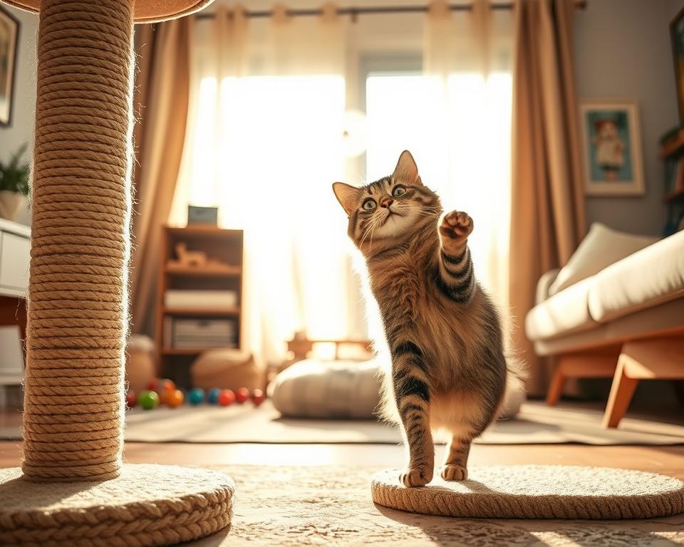 A cozy home interior featuring a large, sturdy cat scratching post in the foreground, delicately designed with natural sisal rope and soft fabric. A playful, fluffy tabby cat is energetically engaging with the post, showcasing its joyful nature. In the middle, a corner filled with playful cat toys and a comfortable cat bed enhances the scene, inviting warmth and comfort. The background reveals a sunlit window with sheer curtains, casting a golden glow over the room, creating a tranquil atmosphere. Soft shadows are present, suggesting a warm afternoon. The image captures the essence of why a quality scratching post is essential for feline health, emphasizing playfulness and well-being. The lens is slightly elevated, focusing on the cat’s interaction with the post, providing an engaging viewpoint. A cozy home interior featuring a large, sturdy cat scratching post in the foreground, delicately designed with natural sisal rope and soft fabric. A playful, fluffy tabby cat is energetically engaging with the post, showcasing its joyful nature. In the middle, a corner filled with playful cat toys and a comfortable cat bed enhances the scene, inviting warmth and comfort. The background reveals a sunlit window with sheer curtains, casting a golden glow over the room, creating a tranquil atmosphere. Soft shadows are present, suggesting a warm afternoon. The image captures the essence of why a quality scratching post is essential for feline health, emphasizing playfulness and well-being. The lens is slightly elevated, focusing on the cat’s interaction with the post, providing an engaging viewpoint.