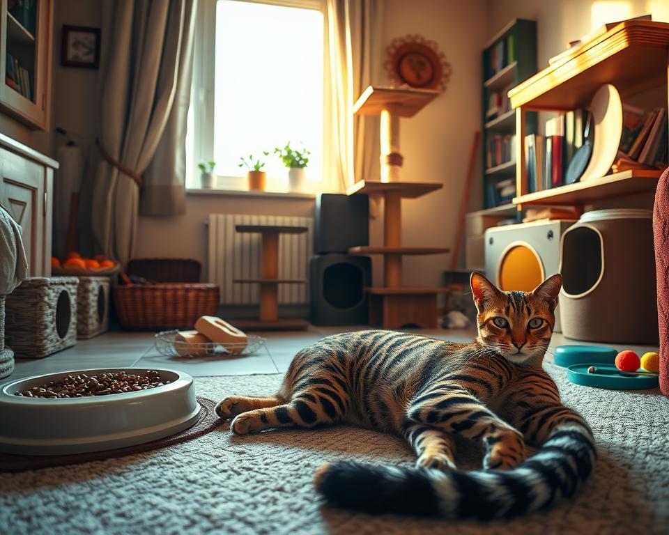 A cozy home setting showcasing the care requirements for a Savannah cat. In the foreground, a well-groomed Savannah cat lounges next to a feeding area with high-quality cat food and a water bowl. The middle layer features a cat tree designed for climbing and scratching, alongside various toys scattered around. A shelf in the background displays essential cat supplies such as a litter box, grooming tools, and informational books about cat care. The lighting is warm and inviting, streaming through a window, casting soft shadows. The scene conveys a nurturing and playful atmosphere, emphasizing the bond between humans and their exotic feline companions. A wide-angle perspective captures the harmonious layout of the space. A cozy home setting showcasing the care requirements for a Savannah cat. In the foreground, a well-groomed Savannah cat lounges next to a feeding area with high-quality cat food and a water bowl. The middle layer features a cat tree designed for climbing and scratching, alongside various toys scattered around. A shelf in the background displays essential cat supplies such as a litter box, grooming tools, and informational books about cat care. The lighting is warm and inviting, streaming through a window, casting soft shadows. The scene conveys a nurturing and playful atmosphere, emphasizing the bond between humans and their exotic feline companions. A wide-angle perspective captures the harmonious layout of the space.