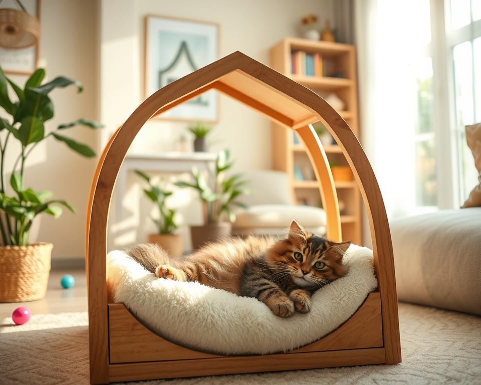 A cozy indoor cat house nestled in a sunny corner of a warm, inviting living room. In the foreground, a fluffy tabby cat lazily sprawls on a soft, plush cushion inside the elegantly designed cat house, which features a wooden frame and soft, faux fur lining. The middle ground showcases a beautifully decorated room with soft pastel walls, a potted plant, and a few colorful toys scattered around. Bright, natural light pours in through a nearby window, illuminating the serene atmosphere. In the background, a stylish bookshelf filled with books and small decorative items adds to the homey feel. The overall mood is peaceful and comfortable, embodying the essence of a feline paradise. A cozy indoor cat house nestled in a sunny corner of a warm, inviting living room. In the foreground, a fluffy tabby cat lazily sprawls on a soft, plush cushion inside the elegantly designed cat house, which features a wooden frame and soft, faux fur lining. The middle ground showcases a beautifully decorated room with soft pastel walls, a potted plant, and a few colorful toys scattered around. Bright, natural light pours in through a nearby window, illuminating the serene atmosphere. In the background, a stylish bookshelf filled with books and small decorative items adds to the homey feel. The overall mood is peaceful and comfortable, embodying the essence of a feline paradise.