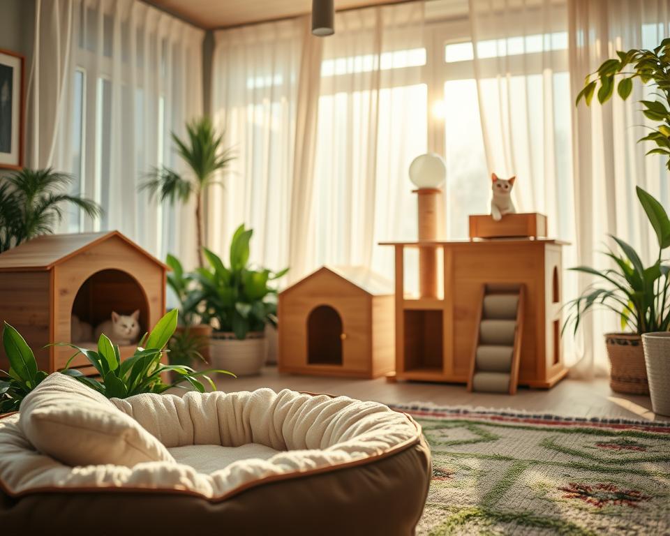 A cozy indoor-outdoor cat house scene featuring a variety of stylish and functional cat houses designed for feline comfort. In the foreground, showcase a plush, raised cat bed with soft cushions and a nearby enclosed cat house made of natural wood. In the middle ground, display an inviting outdoor cat house, complete with a small porch and scratching posts, surrounded by green plants and soft grass. In the background, depict a sunlit window with sheer curtains, allowing warm light to stream in, creating a tranquil atmosphere. The overall mood should be serene and inviting, evoking a sense of a feline paradise where cats can feel safe and at home. The image should be well-lit, with a soft focus on the cat houses, highlighting their features. A cozy indoor-outdoor cat house scene featuring a variety of stylish and functional cat houses designed for feline comfort. In the foreground, showcase a plush, raised cat bed with soft cushions and a nearby enclosed cat house made of natural wood. In the middle ground, display an inviting outdoor cat house, complete with a small porch and scratching posts, surrounded by green plants and soft grass. In the background, depict a sunlit window with sheer curtains, allowing warm light to stream in, creating a tranquil atmosphere. The overall mood should be serene and inviting, evoking a sense of a feline paradise where cats can feel safe and at home. The image should be well-lit, with a soft focus on the cat houses, highlighting their features.