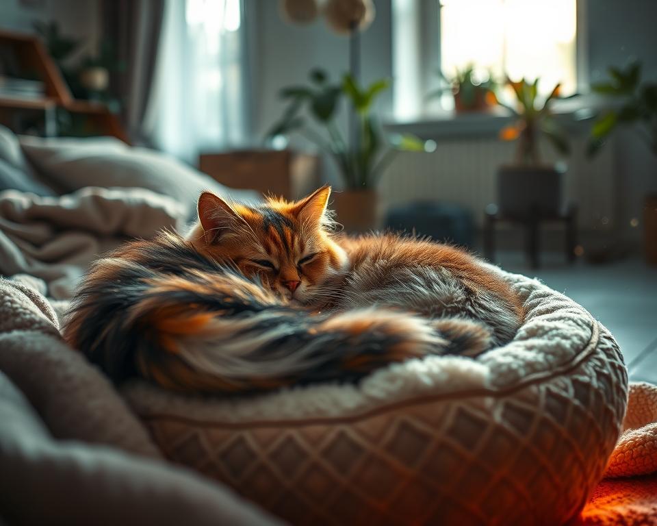 A cozy indoor scene featuring a fluffy domestic cat curled up in a heated cat bed, surrounded by soft blankets and cushions. The cat, with vibrant fur patterns, displays a relaxed posture with its eyes half-closed, embodying warmth and tranquility. The foreground highlights the cat’s gentle features, with soft lighting casting a warm glow on its fur. In the middle ground, the heated bed, plush and inviting, radiates a subtle glow, indicating warmth. The background showcases a serene living room setting, with gentle sunlight streaming through a window, illuminated dust particles in the air, and house plants adding a touch of nature. The overall mood is peaceful and comforting, inviting viewers to appreciate the essence of feline warmth-seeking behavior. A cozy indoor scene featuring a fluffy domestic cat curled up in a heated cat bed, surrounded by soft blankets and cushions. The cat, with vibrant fur patterns, displays a relaxed posture with its eyes half-closed, embodying warmth and tranquility. The foreground highlights the cat’s gentle features, with soft lighting casting a warm glow on its fur. In the middle ground, the heated bed, plush and inviting, radiates a subtle glow, indicating warmth. The background showcases a serene living room setting, with gentle sunlight streaming through a window, illuminated dust particles in the air, and house plants adding a touch of nature. The overall mood is peaceful and comforting, inviting viewers to appreciate the essence of feline warmth-seeking behavior.