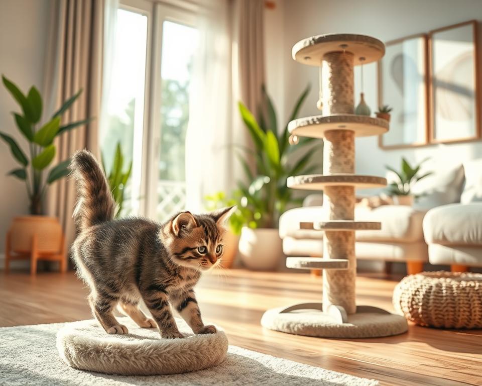 A cozy indoor scene featuring a playful kitten exploring a scratching post designed specifically for young cats. In the foreground, the kitten, a fluffy tabby, is energetically scratching a natural sisal-covered post with a soft, plush base. In the middle ground, a stylish scratching post stands tall, incorporating multiple levels, dangling toys, and a comfortable perch. The background shows a sunlit living room with soft wooden flooring, bright green plants, and a hint of abstract artwork on the walls, creating a warm, inviting atmosphere. The lighting is soft and natural, simulating a late afternoon glow, enhancing the cheerful mood of the scene. The composition captures the essence of fun and playfulness, reflecting a safe environment for kittens to explore and scratch. A cozy indoor scene featuring a playful kitten exploring a scratching post designed specifically for young cats. In the foreground, the kitten, a fluffy tabby, is energetically scratching a natural sisal-covered post with a soft, plush base. In the middle ground, a stylish scratching post stands tall, incorporating multiple levels, dangling toys, and a comfortable perch. The background shows a sunlit living room with soft wooden flooring, bright green plants, and a hint of abstract artwork on the walls, creating a warm, inviting atmosphere. The lighting is soft and natural, simulating a late afternoon glow, enhancing the cheerful mood of the scene. The composition captures the essence of fun and playfulness, reflecting a safe environment for kittens to explore and scratch.