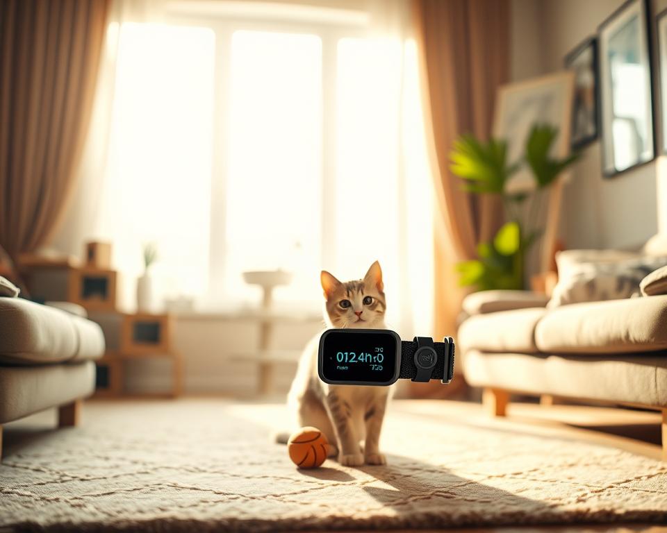 A cozy indoor scene featuring a sleek, high-tech cat tracking collar displayed prominently in the foreground. The collar is equipped with a small, colorful activity monitor that shows health statistics like heart rate and activity level. In the middle ground, a happy, healthy cat is playfully engaging with a toy, illustrating the impact of the collar’s monitoring capabilities. The background includes a bright, sunny window that casts soft natural light into the room, creating a warm and inviting atmosphere. The setting is modern and comfortable, with elements like a stylish cat tree and accessories, enhancing the focus on pet health and activity. The angle is slightly elevated, providing a clear view of both the collar and the cat’s playful behavior, emphasizing the well-being monitored by the technology.