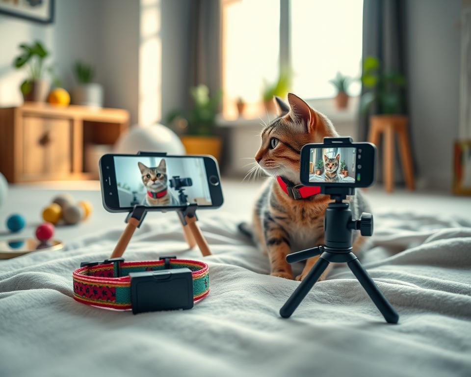 A cozy indoor scene featuring a variety of alternative feline filming options for pet owners. In the foreground, a stylish cat camera collar designed with vibrant colors, showcasing its adjustable features, rests on a soft blanket. In the middle, a curious tabby cat wears the collar, looking playfully towards a smartphone displaying a live video feed. Surrounding this setup, a small tripod holds a compact camera capturing the lively atmosphere. Soft, diffused natural light filters through a nearby window, creating a warm glow that enhances the inviting mood of the space. The background includes playful cat toys and a few houseplants, adding life and color to the scene. The overall atmosphere conveys innovation, connection, and the joy of pet ownership.