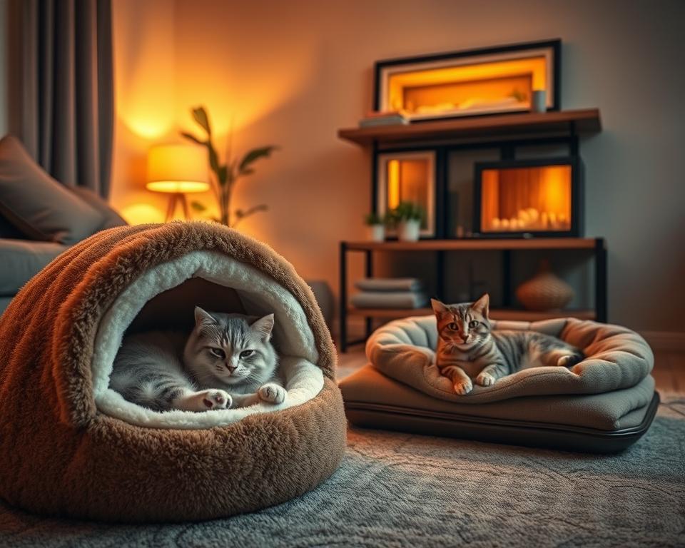 A cozy indoor scene featuring a variety of heated cat beds designed for comfort. In the foreground, a plush, heated cat bed shaped like a cave, with soft materials and a warm color palette, showing a fluffy cat curled up inside. Next to it, an electric heated pad covers a more traditional cat bed, with a serene tabby lounging on it, basking in warmth. In the background, a stylish wall shelf showcases a heated cat house with large windows, ideal for lounging and watching the world outside. The room is warmly lit with soft, golden lighting, creating an inviting atmosphere. The angle captures both the beds and their content feline residents, conveying a sense of tranquility and comfort for cats in a stylish home. A cozy indoor scene featuring a variety of heated cat beds designed for comfort. In the foreground, a plush, heated cat bed shaped like a cave, with soft materials and a warm color palette, showing a fluffy cat curled up inside. Next to it, an electric heated pad covers a more traditional cat bed, with a serene tabby lounging on it, basking in warmth. In the background, a stylish wall shelf showcases a heated cat house with large windows, ideal for lounging and watching the world outside. The room is warmly lit with soft, golden lighting, creating an inviting atmosphere. The angle captures both the beds and their content feline residents, conveying a sense of tranquility and comfort for cats in a stylish home.