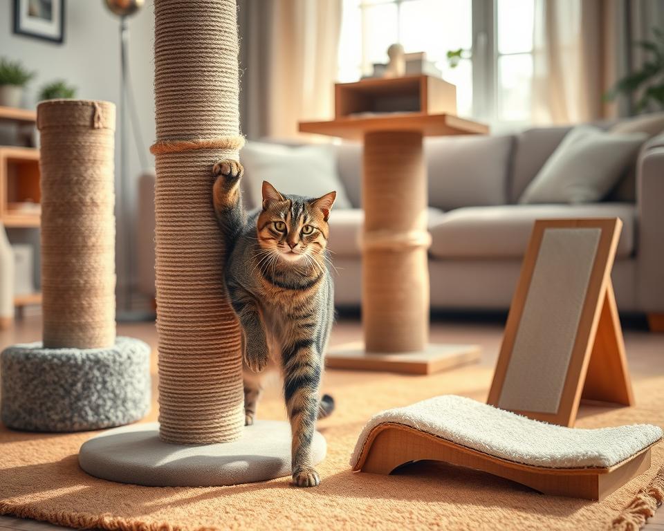 A cozy indoor scene showcasing a variety of cat scratching solutions, including a tall sisal-wrapped scratching post, a horizontal cardboard scratcher, and a unique angled wooden post with plush padding. In the foreground, a playful tabby cat interacts with the scratching post, emphasizing its texture and design. The middle ground features additional scratching solutions, each with different materials like carpet, sisal, and cardboard, arranged aesthetically on a soft, warm-colored rug. The background is softly blurred, revealing a bright and inviting living room with natural light streaming through a window, casting gentle shadows. The atmosphere is lively yet serene, capturing the joy and health benefits of providing cats with appropriate scratching options.