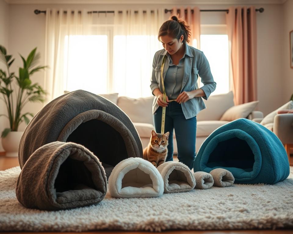 A cozy indoor setting featuring a cat owner thoughtfully measuring various sizes of cat caves for their feline friend. In the foreground, a variety of plush cat caves in different sizes and colors are laid out on a soft rug. The middle ground includes a cat owner, dressed in casual but neat attire, holding a measuring tape and contemplating which cat cave would be best suited for their cat. A curious cat sits beside the owner, observing the scene. The background showcases a warmly lit living room with soft colors, a potted plant, and a sunlit window, creating a serene and inviting atmosphere. The composition captures a sense of care and attention to detail, emphasizing the importance of choosing the perfect size for the cat cave. A cozy indoor setting featuring a cat owner thoughtfully measuring various sizes of cat caves for their feline friend. In the foreground, a variety of plush cat caves in different sizes and colors are laid out on a soft rug. The middle ground includes a cat owner, dressed in casual but neat attire, holding a measuring tape and contemplating which cat cave would be best suited for their cat. A curious cat sits beside the owner, observing the scene. The background showcases a warmly lit living room with soft colors, a potted plant, and a sunlit window, creating a serene and inviting atmosphere. The composition captures a sense of care and attention to detail, emphasizing the importance of choosing the perfect size for the cat cave.