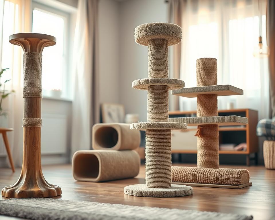 A cozy indoor setting showcasing various types of cat scratching posts arranged artistically. In the foreground, a natural wood scratching post shaped like a tree trunk, with light burlap fabric woven around it. In the middle, a tall, plush carpeted scratching tower with multiple levels, accompanied by a horizontal sisal scratcher, both inviting and textured. In the background, a soft-focus view of a sunlit room with gentle curtains framing a window, casting warm, diffused light that highlights the textures of the scratching posts. The atmosphere is calm and inviting, evoking a sense of comfort and playfulness for cats. The overall composition should be well-balanced, emphasizing the diversity of scratching post designs without any distractions or text elements.