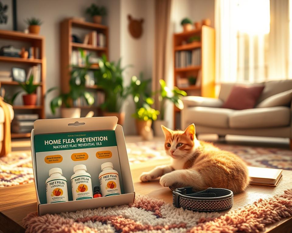 A cozy interior of a well-lit living room, showcasing a playful cat comfortably lounging on a plush, colorful rug. In the foreground, a stylish, open flea prevention kit featuring natural repellents made from essential oils, alongside a cute flea collar designed for cats, rests on a wooden coffee table. The middle ground includes potted plants and a sunny window with sheer curtains, creating a fresh and inviting atmosphere. In the background, a bookshelf filled with pet care books and cat toys adds depth to the scene. The lighting is warm and soft, emphasizing a safe and serene environment for pet care. The overall mood is cheerful and comforting, reflecting the theme of home flea control and prevention.