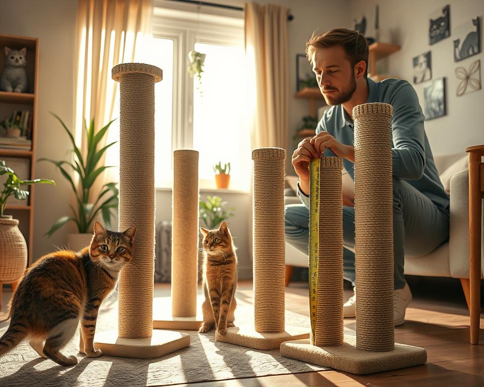 A cozy interior scene featuring a cat owner thoughtfully examining various sizes of scratching posts for their cat. In the foreground, a friendly domestic cat curiously inspects a tall scratching post, while several others of different heights and widths are arranged nearby. The middle layer shows the owner, a person in casual yet neat clothing, crouching down to measure the scratching post’s height with a tape measure, expressing focused determination. The background features a sunlit living room with cat-themed décor, potted plants, and a comfortable sofa. The lighting is warm and inviting, casting soft shadows that enhance the cozy atmosphere. The perspective is slightly angled, providing a clear view of both the owner and the scratching posts, evoking a sense of care and consideration for the pet's needs.