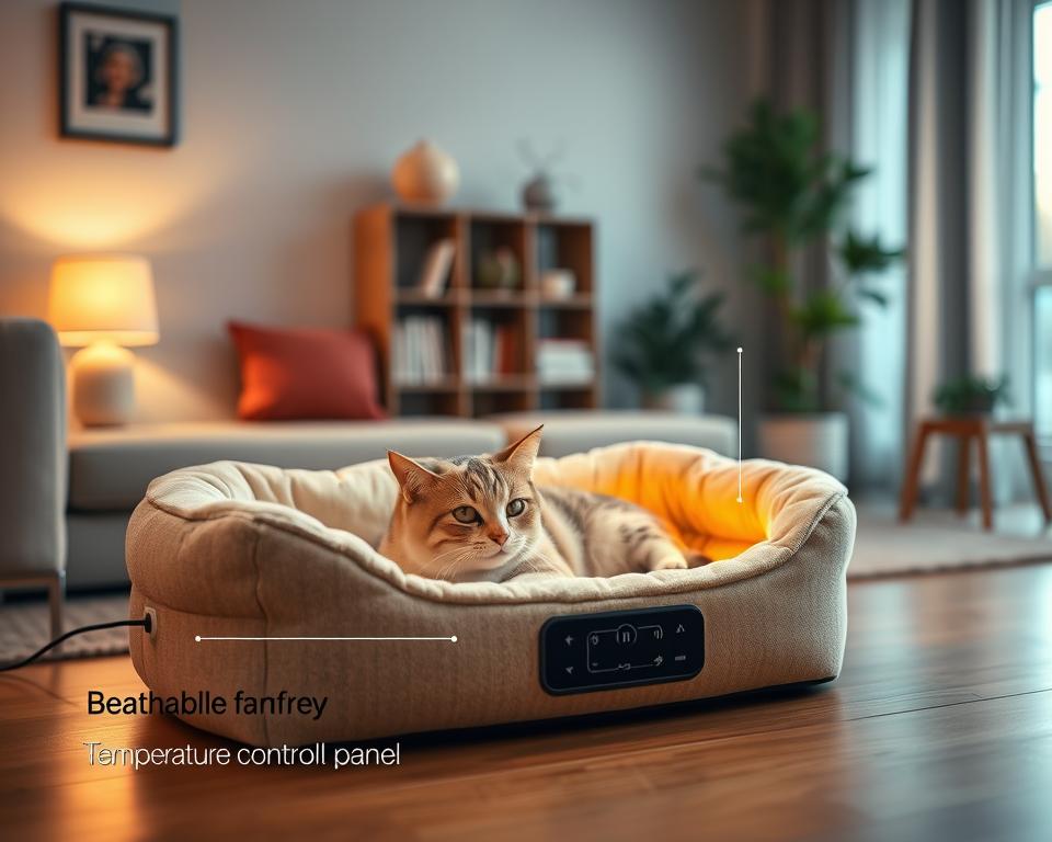 A cozy interior setting featuring a heated cat bed designed for safety. In the foreground, the cat bed is adorned with breathable fabric, showcasing a built-in temperature control panel and safety shut-off features, highlighted with soft, warm light. In the middle, a serene cat is comfortably nestled within the bed, demonstrating its inviting design. In the background, a soft-focus view of a living room with gentle ambient lighting adds warmth, subtle details like a bookshelf and a potted plant enhance the atmosphere. Use a slight tilt-angle for a dynamic perspective, ensuring the focus remains on the cat bed's safety features. The overall mood conveys comfort, security, and relaxation for both the pet and its owner. A cozy interior setting featuring a heated cat bed designed for safety. In the foreground, the cat bed is adorned with breathable fabric, showcasing a built-in temperature control panel and safety shut-off features, highlighted with soft, warm light. In the middle, a serene cat is comfortably nestled within the bed, demonstrating its inviting design. In the background, a soft-focus view of a living room with gentle ambient lighting adds warmth, subtle details like a bookshelf and a potted plant enhance the atmosphere. Use a slight tilt-angle for a dynamic perspective, ensuring the focus remains on the cat bed's safety features. The overall mood conveys comfort, security, and relaxation for both the pet and its owner.