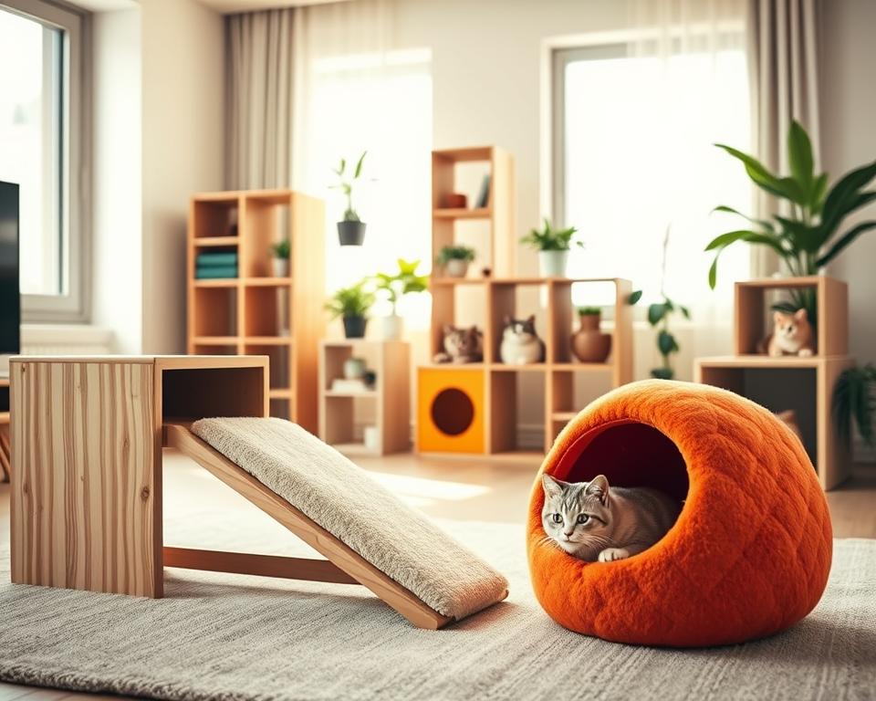 A cozy, inviting display of various cat house options arranged in a modern living room setting. In the foreground, showcase a sleek, stylish wooden cat house with a ramp leading up to a plush, cushioned perch, along with a colorful felted cave in a bright, cheerful color. The middle ground features different designs, including a modular shelf system and an enclosed box with a cat peeking out. In the background, soft, natural light filters through a window, illuminating green indoor plants. Use a warm color palette to create a comfortable, serene atmosphere, emphasizing the happiness of cats exploring their new homes. Capture the scene from a slightly elevated angle to provide depth and clarity, focusing on the tactile textures of the materials used.