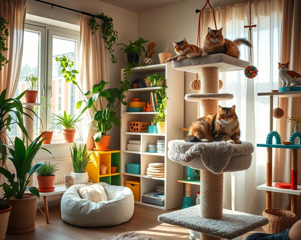 A cozy, inviting indoor cat space filled with unique, stimulating elements for feline enrichment. In the foreground, a fluffy tabby cat is lounging atop a plush, multi-level cat tree adorned with scratching posts and hanging toys. Nearby, a sunlit window reveals an array of potted plants that offer a touch of greenery and shade. In the middle, a cushioned cat bed lies next to a set of colorful shelves displaying a variety of toys and climbing surfaces. The background showcases a soft, warm-toned room, with gentle sunlight streaming through sheer curtains, casting playful shadows. The atmosphere is calm, cozy, and playful, ideal for promoting the well-being and happiness of cats in their dedicated space.