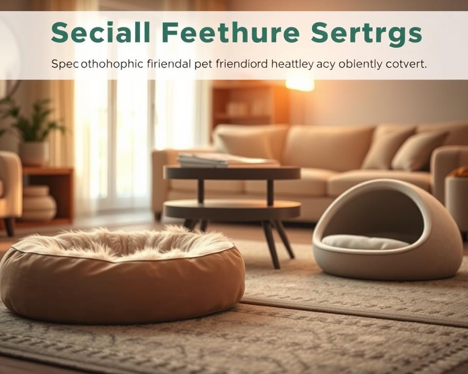 A cozy, inviting scene featuring a variety of special feature cat beds that cater to different feline needs. In the foreground, showcase a plush, donut-shaped bed with high edges and a soft, faux-fur finish, alongside a sleek, modern elevated bed with a calming color palette. In the middle ground, place a heated self-warming bed and a unique cave-style bed with a removable cover. The background features a softly lit, homey living room setting, with warm sunlight streaming through a window, creating a serene atmosphere. The image captures the comfort and style of these cat beds, highlighting their special features, such as orthopedic support and eco-friendly materials. Use a warm color tone to evoke feelings of relaxation and safety for pet cats. A cozy, inviting scene featuring a variety of special feature cat beds that cater to different feline needs. In the foreground, showcase a plush, donut-shaped bed with high edges and a soft, faux-fur finish, alongside a sleek, modern elevated bed with a calming color palette. In the middle ground, place a heated self-warming bed and a unique cave-style bed with a removable cover. The background features a softly lit, homey living room setting, with warm sunlight streaming through a window, creating a serene atmosphere. The image captures the comfort and style of these cat beds, highlighting their special features, such as orthopedic support and eco-friendly materials. Use a warm color tone to evoke feelings of relaxation and safety for pet cats.