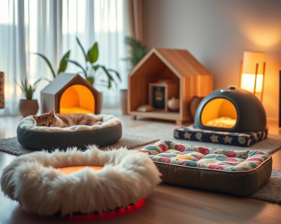 A cozy, inviting scene showcasing various heated cat bed options. In the foreground, feature a plush, round heated bed with soft, cream-colored faux fur, radiating warmth and comfort. Next to it, include a sleek, rectangular heated cat pad with an adjustable temperature setting, covered in vibrant, playful patterns. In the middle ground, showcase a stylish heated cat house, constructed from natural wood, with a warm glow emanating from within. The background should depict a softly lit living room environment with warm, ambient lighting filtering through sheer curtains and a few house plants to enhance the cozy atmosphere. The overall mood should be serene and inviting, emphasizing the warmth and comfort these heated beds offer to cats. Capture the scene from a slightly elevated angle, providing a comprehensive view of all bedding options.