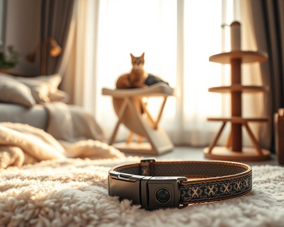A cozy, inviting space illustrating feline comfort design features. In the foreground, a stylish cat tracking collar rests on a plush, soft blanket. The collar, made of durable yet comfortable material, has an elegant design featuring subtle patterns and a small GPS tag. In the middle ground, a cheerful tabby cat lounges on a modern cat tree with padded shelves and scratching posts, surrounded by warm, ambient lighting. In the background, a sunlit window reveals soft curtains, creating a serene atmosphere. The scene is captured with a soft focus, emphasizing the comfort and style, inviting the viewer to appreciate the design's thoughtfulness in enhancing a cat's lifestyle.