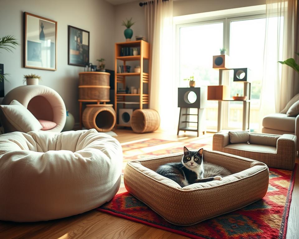 A cozy living room featuring an assortment of different types of cat beds. In the foreground, a plush donut-shaped bed in soft pastel colors, a wicker cat basket with a comfortable cushion, and a modern, sleek cat condo with multiple levels are clearly visible. The middle ground includes a vibrant area rug, where a cat is playfully lounging by a rectangular bed with raised sides, perfect for burrowing. In the background, a sunlit window casts warm, inviting light throughout the space, enhancing the comfortable atmosphere. The scene is captured with a wide-angle lens, allowing soft focus on the edges while keeping the beds sharp and detailed, evoking a sense of warmth and coziness perfect for a cat's resting place.