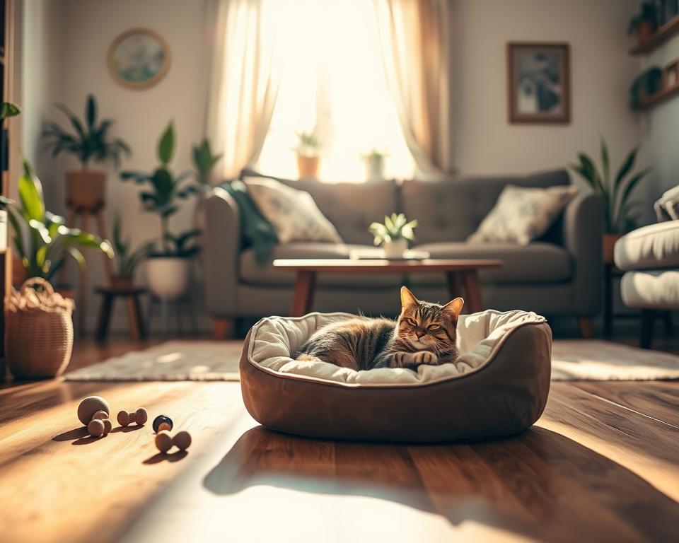 A cozy living room featuring an ideal cat bed placement. In the foreground, a plush, stylish cat bed is situated near a sunlit window, with warm, radiant light casting soft shadows on the floor. In the middle ground, a relaxed tabby cat is peacefully napping in the bed, surrounded by a few scattered toys. The background showcases a well-decorated room with houseplants, an inviting couch, and soft, neutral shades on the walls. The atmosphere is serene and homely, evoking a sense of comfort and warmth. The image is taken from a slightly elevated angle, highlighting both the cat and the cozy environment, ensuring a peaceful ambiance that emphasizes the importance of ideal bed placement for a happy cat. A cozy living room featuring an ideal cat bed placement. In the foreground, a plush, stylish cat bed is situated near a sunlit window, with warm, radiant light casting soft shadows on the floor. In the middle ground, a relaxed tabby cat is peacefully napping in the bed, surrounded by a few scattered toys. The background showcases a well-decorated room with houseplants, an inviting couch, and soft, neutral shades on the walls. The atmosphere is serene and homely, evoking a sense of comfort and warmth. The image is taken from a slightly elevated angle, highlighting both the cat and the cozy environment, ensuring a peaceful ambiance that emphasizes the importance of ideal bed placement for a happy cat.