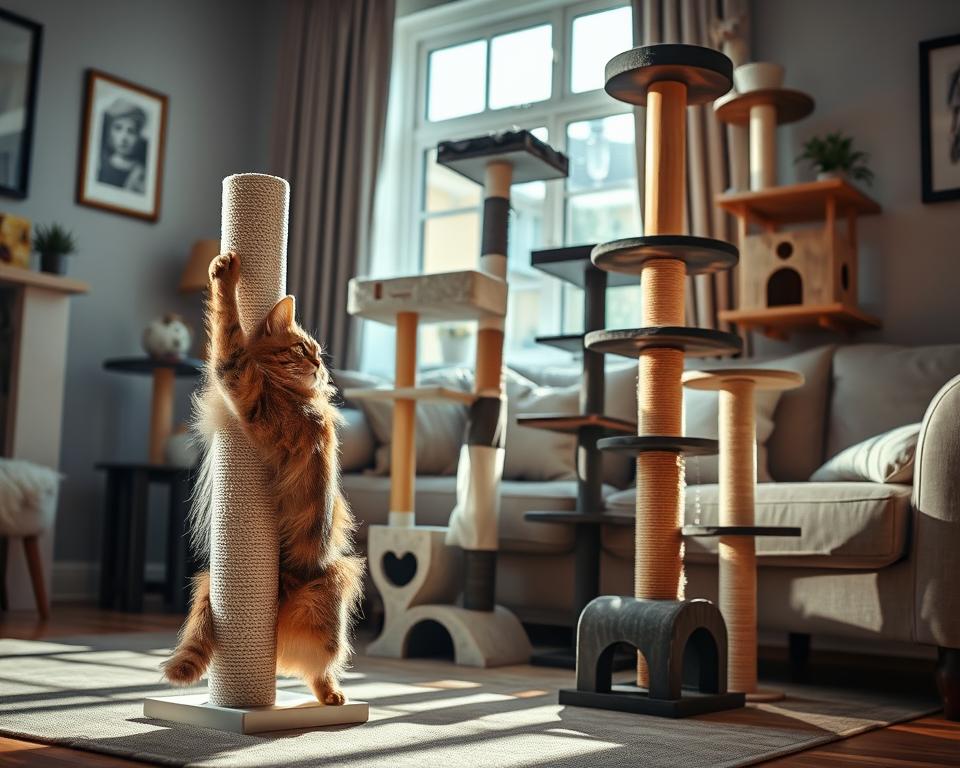 A cozy living room in a UK home featuring a range of top cat scratching posts, showcasing options like tall sisal-wrapped posts, multi-level cat trees, and wall-mounted scratchers. In the foreground, a fluffy tabby cat is playfully scratching on a modern, stylish post. The middle ground displays a variety of scratching posts in an appealing arrangement, highlighting different textures and designs. Soft, natural light filters through a nearby window, casting gentle shadows and creating a warm atmosphere. The background features a comfortable sofa and tasteful decor, emphasizing a welcoming space for both cats and their owners. The scene conveys a sense of care and comfort, focusing on the importance of cat health and happiness.