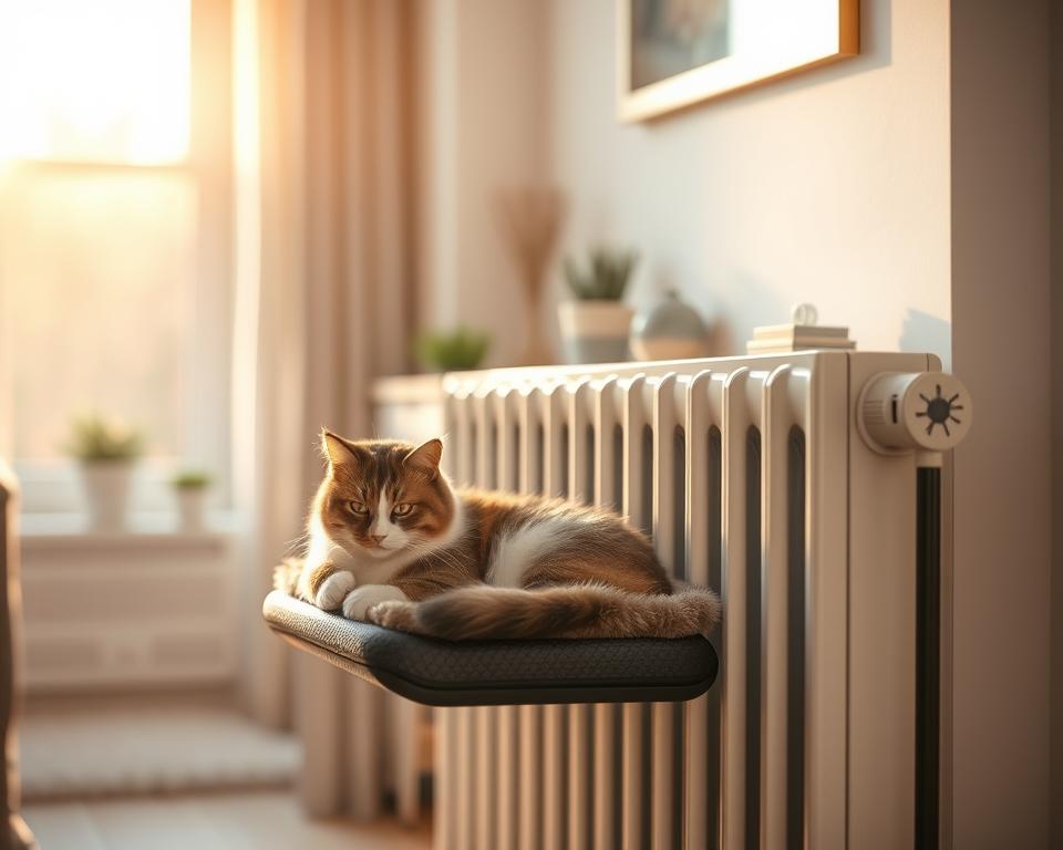 A cozy living room scene featuring a cat radiator bed installation against a backdrop of a warm, sunny window. In the foreground, a fluffy domestic cat, comfortably curled up on a stylish radiator bed, basking in the glow of the sun. The middle ground shows a sleek, modern radiator with the newly installed cat bed securely attached to it, emphasizing its thoughtful design. The background includes a softly blurred decor of a homey space, with light-colored walls and potted plants, enhancing the inviting atmosphere. The lighting is warm and natural, reflecting a serene afternoon vibe. The angle captures the scene from a slight elevation, showcasing both the cat’s comfort and the installation's practicality, evoking a sense of warmth and coziness.