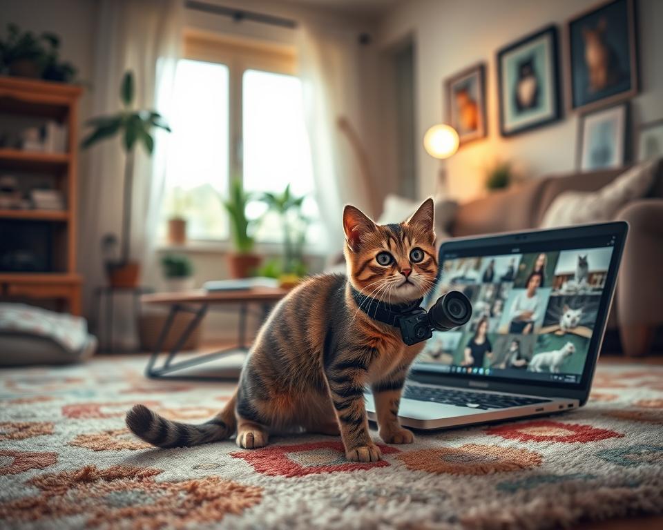 A cozy living room scene featuring a curious cat wearing a camera collar, playfully exploring its surroundings. In the foreground, the cat is perched on a soft, colorful rug, with the camera subtly capturing its expressions. In the middle ground, a coffee table cluttered with a laptop displaying the cat's footage in a fun, creative layout, showcasing various angles of the cat's adventures. In the background, a window lets in warm, natural light, illuminating houseplants and framed cat photography, enhancing the atmosphere of a pet-loving home. The mood is playful and engaging, inviting viewers to think about the creative use of pet footage. The image should be well-lit, focused on the cat and the activity around it, with a soft depth of field blurring the background slightly to emphasize the subject.