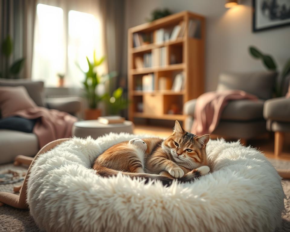 A cozy living room scene featuring a fluffy premium cat bed in the foreground, designed with soft, plush fabrics in soothing pastel colors. A relaxed cat with a content expression is curled up, showcasing comfort and warmth, surrounded by a few plush toys and a small warm blanket draped nearby. In the middle ground, a stylish bookshelf and a gentle light streaming in from a nearby window, casting soft shadows and creating a tranquil ambiance. The background includes soft-focus plants, enhancing the homely atmosphere. The image captures a serene, inviting mood, encouraging the viewer to appreciate the comfort and luxury benefits of premium cat bedding, with warm, natural lighting that highlights the textures and colors effectively. A cozy living room scene featuring a fluffy premium cat bed in the foreground, designed with soft, plush fabrics in soothing pastel colors. A relaxed cat with a content expression is curled up, showcasing comfort and warmth, surrounded by a few plush toys and a small warm blanket draped nearby. In the middle ground, a stylish bookshelf and a gentle light streaming in from a nearby window, casting soft shadows and creating a tranquil ambiance. The background includes soft-focus plants, enhancing the homely atmosphere. The image captures a serene, inviting mood, encouraging the viewer to appreciate the comfort and luxury benefits of premium cat bedding, with warm, natural lighting that highlights the textures and colors effectively.