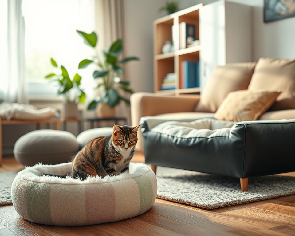 A cozy living room scene featuring a selection of various cat beds on display. In the foreground, a plush, circular cat bed in soft pastel colors, with a fluffy interior, sits next to a sleek, modern, rectangular bed made of faux leather. In the middle, a cute tabby cat is inspecting the beds, showcasing potential comfort options. The background reveals a warm, inviting atmosphere with soft sunlight streaming through a window, illuminating a potted plant and a bookshelf filled with cat care books. The overall mood is serene and homey, emphasizing comfort and relaxation, captured from a slight angle to create depth. Soft focus on the cat beds enhances the inviting textures.