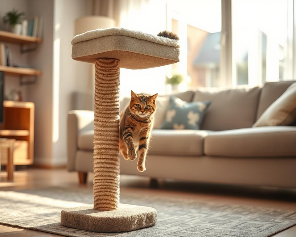 A cozy living room scene featuring a top-rated cat scratching post with an integrated bed, specifically designed for cats in the UK. The foreground showcases the scratching post, which is tall, made of durable sisal rope and plush fabric, with a cozy bed atop it, inviting for a cat to rest. In the middle ground, a content tabby cat is playfully sharpening its claws on the post, adding an element of life and interaction. The background features a well-lit, modern interior with soft natural daylight streaming through a window, casting gentle shadows and enhancing the warmth of the space. The mood is inviting and tranquil, perfect for cat lovers seeking comfort and durability in pet accessories.