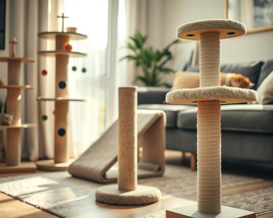A cozy living room scene featuring a variety of cat scratching posts, each showcasing essential features. In the foreground, a sturdy wooden post with textured sisal rope and a plush platform for lounging. To the left, an architectural design with multiple levels and dangling toys, showcasing vertical scratching surfaces. The middle section features a carpeted scratching ramp, providing a horizontal area for cats to scratch. In the background, natural light streams through a window, casting soft shadows and creating a warm, inviting atmosphere. The image should maintain a focus on the scratching posts, emphasizing their practical design while conveying a sense of comfort and playfulness for cats. Use a soft focus lens to add a gentle depth of field effect, enhancing the cozy vibe. A cozy living room scene featuring a variety of cat scratching posts, each showcasing essential features. In the foreground, a sturdy wooden post with textured sisal rope and a plush platform for lounging. To the left, an architectural design with multiple levels and dangling toys, showcasing vertical scratching surfaces. The middle section features a carpeted scratching ramp, providing a horizontal area for cats to scratch. In the background, natural light streams through a window, casting soft shadows and creating a warm, inviting atmosphere. The image should maintain a focus on the scratching posts, emphasizing their practical design while conveying a sense of comfort and playfulness for cats. Use a soft focus lens to add a gentle depth of field effect, enhancing the cozy vibe.