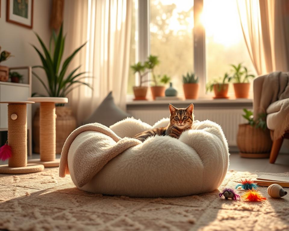 A cozy living room scene featuring luxurious pet comfort accessories for cats. In the foreground, a plush cat bed shaped like a soft cloud, nestled in a corner with a fuzzy blanket draped over it. Beside it, a stylish scratching post and a colorful assortment of toys—like feather teasers and plush mice—provide playful accents. The middle of the room showcases a beautiful, sun-drenched window with sheer curtains, where a tabby cat lazily lounges on a windowsill, basking in the golden light. The background features warm, inviting colors and decor elements like potted plants, adding to the cozy atmosphere. Soft, diffused lighting enhances the scene, creating a tranquil, comfortable mood perfect for feline relaxation. A cozy living room scene featuring luxurious pet comfort accessories for cats. In the foreground, a plush cat bed shaped like a soft cloud, nestled in a corner with a fuzzy blanket draped over it. Beside it, a stylish scratching post and a colorful assortment of toys—like feather teasers and plush mice—provide playful accents. The middle of the room showcases a beautiful, sun-drenched window with sheer curtains, where a tabby cat lazily lounges on a windowsill, basking in the golden light. The background features warm, inviting colors and decor elements like potted plants, adding to the cozy atmosphere. Soft, diffused lighting enhances the scene, creating a tranquil, comfortable mood perfect for feline relaxation.
