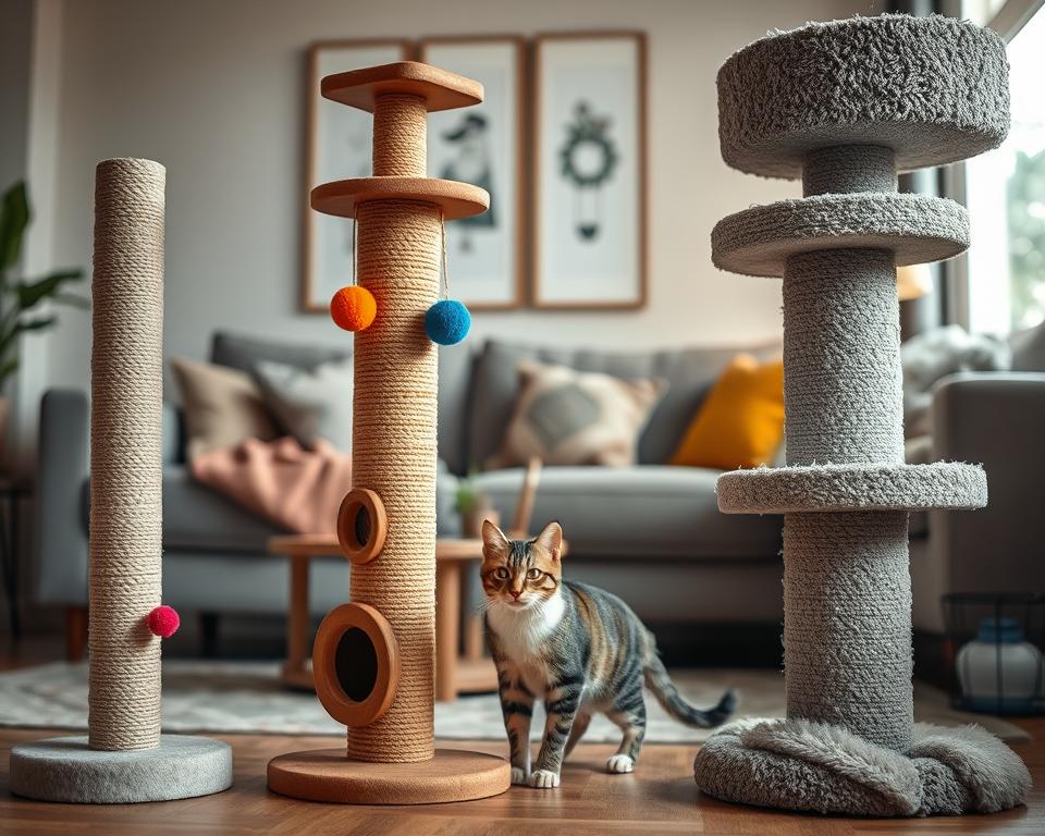 A cozy living room scene featuring various types of cat scratching posts designed for felines. In the foreground, showcase three distinct scratching posts: a tall sisal-wrapped post, a wall-mounted scratcher, and a textured carpeted tree. Each post should have playful cat toys and vibrant colors. In the middle ground, a curious cat investigates the scratching posts, highlighting its playful nature. In the background, cozy furniture with soft lighting creates a warm and inviting atmosphere. Use soft, diffused natural light to emphasize the textures of the scratching materials. The composition should evoke a sense of comfort, showcasing how these posts blend into a stylish home environment while catering to a cat's needs. A cozy living room scene featuring various types of cat scratching posts designed for felines. In the foreground, showcase three distinct scratching posts: a tall sisal-wrapped post, a wall-mounted scratcher, and a textured carpeted tree. Each post should have playful cat toys and vibrant colors. In the middle ground, a curious cat investigates the scratching posts, highlighting its playful nature. In the background, cozy furniture with soft lighting creates a warm and inviting atmosphere. Use soft, diffused natural light to emphasize the textures of the scratching materials. The composition should evoke a sense of comfort, showcasing how these posts blend into a stylish home environment while catering to a cat's needs.