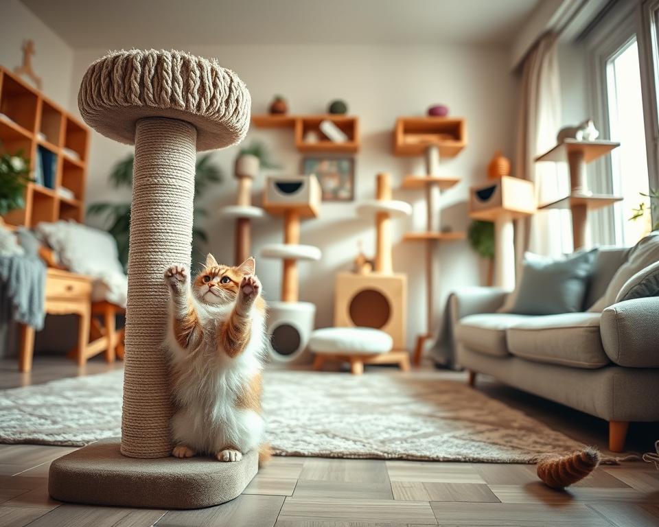 A cozy living room scene featuring well-designed, properly sized cat furniture, including a sturdy cat scratch post, plush cat trees, and soft lounging spots. In the foreground, a fluffy, playful cat demonstrates its engagement with the scratch post, using its claws energetically. The middle ground showcases diverse cat furniture options, each tailored for different cat sizes and breeds, arranged neatly with a variety of textures and colors, including natural wood and soft fabrics. In the background, gentle natural light filters through a large window, creating a warm and inviting atmosphere. The lens focuses on the cat and furniture, emphasizing their harmony in a pleasant home environment. The overall mood is cheerful and nurturing, perfectly capturing the essence of choosing the right cat furniture for a feline friend.