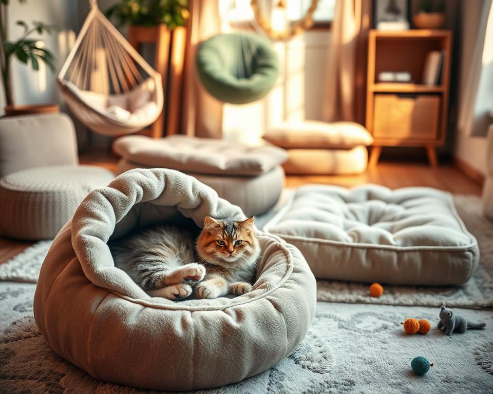 A cozy living room scene focused on a variety of cat beds, showcasing different styles and materials. In the foreground, a plush, round cat bed with soft, muted colors invites a fluffy cat to curl up inside, exuding comfort. The middle layer features an array of cat beds, including a hammock-style and a cushioned rectangular design, each thoughtfully placed on a soft rug. The background includes warm lighting from a nearby window, casting gentle shadows and highlighting the textures of the beds. A few cat toys are scattered nearby, enhancing the playful atmosphere. The mood is inviting and serene, emphasizing the importance of comfort in a cat's sleeping environment, perfect for selecting the ideal cat bed. A cozy living room scene focused on a variety of cat beds, showcasing different styles and materials. In the foreground, a plush, round cat bed with soft, muted colors invites a fluffy cat to curl up inside, exuding comfort. The middle layer features an array of cat beds, including a hammock-style and a cushioned rectangular design, each thoughtfully placed on a soft rug. The background includes warm lighting from a nearby window, casting gentle shadows and highlighting the textures of the beds. A few cat toys are scattered nearby, enhancing the playful atmosphere. The mood is inviting and serene, emphasizing the importance of comfort in a cat's sleeping environment, perfect for selecting the ideal cat bed.