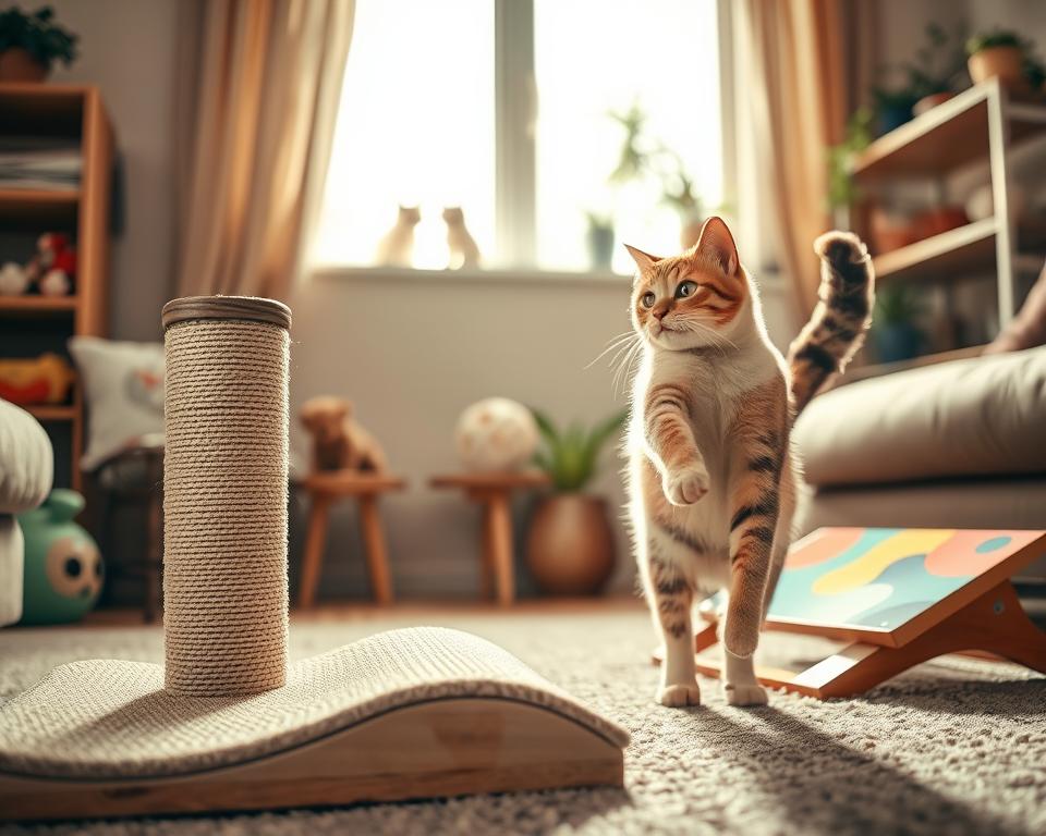 A cozy living room scene illuminated by warm, soft lighting from a nearby window. In the foreground, a beautifully designed horizontal scratching post made of natural sisal and wood, featuring a gentle curve for optimal scratching. Next to it, an angled scratching board with vibrant colors and textures that invite feline engagement. A playful cat with soft fur is happily scratching the post, its tail lifted in excitement. In the background, there are shelves stocked with pet toys and plants, creating a homely atmosphere. The angle should capture the scratching solutions prominently, with a shallow depth of field focusing on the cat and the scratching posts, evoking a sense of comfort and playfulness.