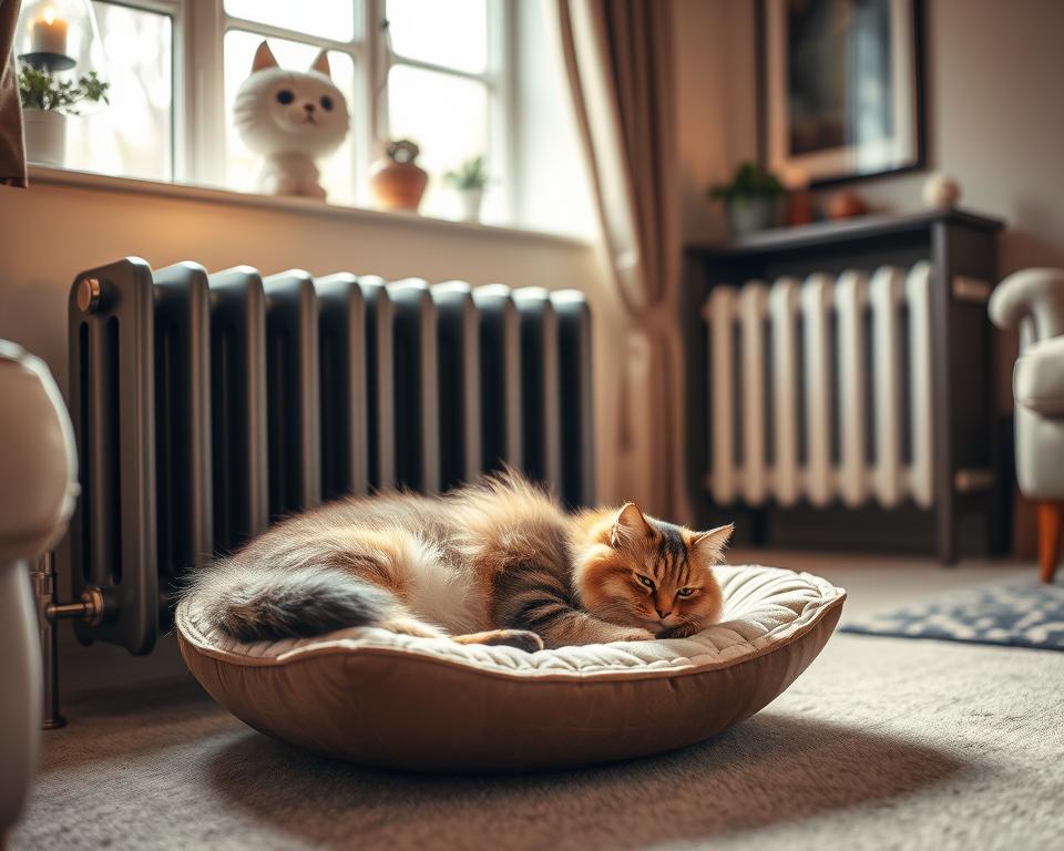 A cozy living room scene showcasing a cat radiator bed securely installed near a central heating radiator. In the foreground, a fluffy domestic cat sprawls comfortably on the soft, padded bed, looking relaxed and warm. The middle ground features a stylish UK radiator with safety features evident, such as secure brackets and safety guards. The background highlights a tastefully decorated room with soft lighting, neutral walls, and a warm atmosphere. Use a slightly elevated angle to capture the entire scene, emphasizing both the cat and the radiator. The light is warm and inviting, creating a feeling of safety and comfort, perfect for illustrating safety and compatibility with UK radiators.