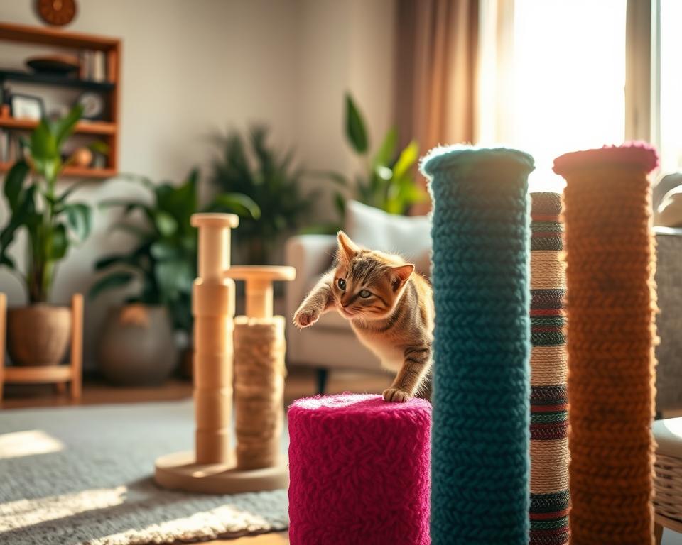 A cozy living room scene showcasing optimal scratching post placement for cats. In the foreground, vibrant, textured scratching posts of various heights and materials, strategically positioned near a sunny window and a comfy sofa. In the middle, a playful cat stretching against one of the posts, its fur catching the warm sunlight that streams through the window. The background features plants and a soft rug, creating a welcoming atmosphere. The soft, natural light enhances the serene mood, with a shallow depth of field focusing on the cat and scratching posts. The image captures a harmonious living space designed for both comfort and functionality for feline pets. A cozy living room scene showcasing optimal scratching post placement for cats. In the foreground, vibrant, textured scratching posts of various heights and materials, strategically positioned near a sunny window and a comfy sofa. In the middle, a playful cat stretching against one of the posts, its fur catching the warm sunlight that streams through the window. The background features plants and a soft rug, creating a welcoming atmosphere. The soft, natural light enhances the serene mood, with a shallow depth of field focusing on the cat and scratching posts. The image captures a harmonious living space designed for both comfort and functionality for feline pets.