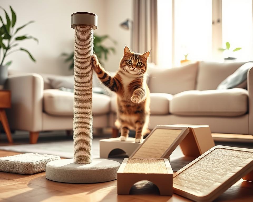 A cozy living room setting features a variety of affordable cat scratching products under £30. In the foreground, a sleek, modern scratching post made of natural sisal rope stands tall, surrounded by smaller scratching pads and ramps made of faux fur and cardboard. The middle ground showcases a playful tabby cat happily scratching at the post, its fur glistening softly in the warm, natural light filtering in through a nearby window. The background includes a light-colored sofa and houseplants, creating a welcoming atmosphere. The image should convey a sense of comfort and playfulness, emphasizing the importance of providing your feline friend with engaging scratching alternatives. Use a soft focus effect to enhance the warmth and inviting feel of the scene, captured from a slightly elevated angle to showcase all products effectively.
