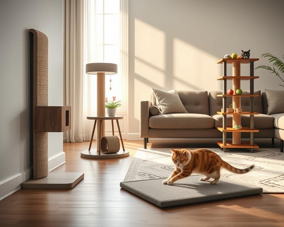 A cozy living room setting featuring a variety of space-saving cat scratching solutions. In the foreground, a sleek, modern wall-mounted scratching post with sisal and wood textures, designed to fit snugly beside a stylish sofa. To the side, a compact, multi-tiered scratching tower that doubles as a play area, adorned with colorful toys. In the middle ground, a sturdy scratching pad laid flat on a decorative rug, accompanied by a playful cat mid-scratch. The background showcases soft, natural lighting filtering through a large window, casting warm shadows, and minimalist decor that enhances the atmosphere of comfort and practicality. The overall mood evokes a sense of harmony, showcasing how these solutions seamlessly integrate into everyday living spaces. A cozy living room setting featuring a variety of space-saving cat scratching solutions. In the foreground, a sleek, modern wall-mounted scratching post with sisal and wood textures, designed to fit snugly beside a stylish sofa. To the side, a compact, multi-tiered scratching tower that doubles as a play area, adorned with colorful toys. In the middle ground, a sturdy scratching pad laid flat on a decorative rug, accompanied by a playful cat mid-scratch. The background showcases soft, natural lighting filtering through a large window, casting warm shadows, and minimalist decor that enhances the atmosphere of comfort and practicality. The overall mood evokes a sense of harmony, showcasing how these solutions seamlessly integrate into everyday living spaces.