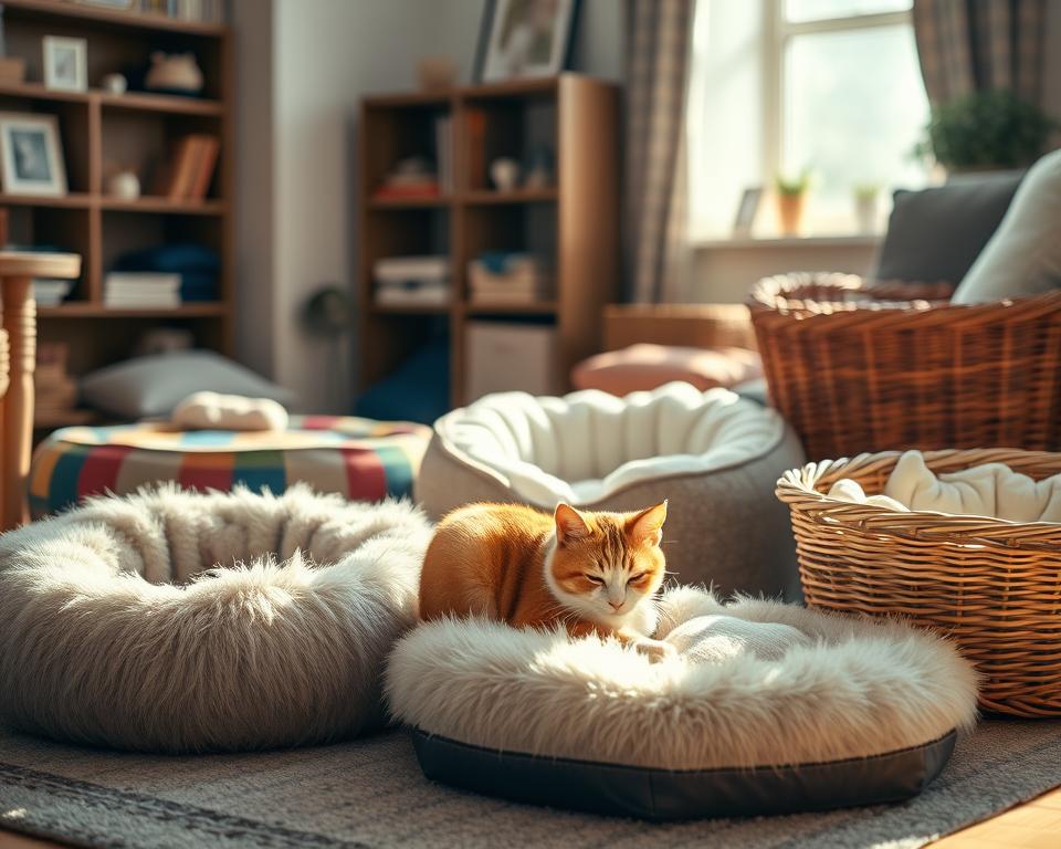 A cozy living room setting featuring an array of plush cat beds, each with unique designs and textures. In the foreground, a fluffy round bed in soft faux fur, a stylish hexagonal bed with a colorful pattern, and a classic wicker basket bed lined with a comfy cushion. The middle features a cat peacefully napping in one of the beds, with sunlight streaming in from a nearby window, enhancing the warm ambiance. In the background, a soft-focus view of a bookshelf filled with cat toys and a few framed pictures of cats adds a homely touch. The lighting is warm and inviting, creating a relaxed atmosphere perfect for pet owners seeking the best cozy options for their beloved cats. A cozy living room setting featuring an array of plush cat beds, each with unique designs and textures. In the foreground, a fluffy round bed in soft faux fur, a stylish hexagonal bed with a colorful pattern, and a classic wicker basket bed lined with a comfy cushion. The middle features a cat peacefully napping in one of the beds, with sunlight streaming in from a nearby window, enhancing the warm ambiance. In the background, a soft-focus view of a bookshelf filled with cat toys and a few framed pictures of cats adds a homely touch. The lighting is warm and inviting, creating a relaxed atmosphere perfect for pet owners seeking the best cozy options for their beloved cats.